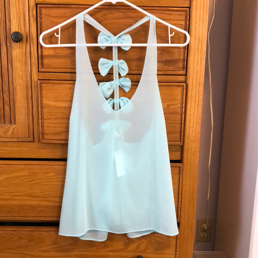LF sheer, aqua top with bows down back, TAGS ON, S